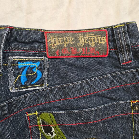 Vtg Pepe Jeans Mens Size 36x33 HTF Skull Live Free Dark Wash Y2K Hip-Hop - Picture 2 of 15